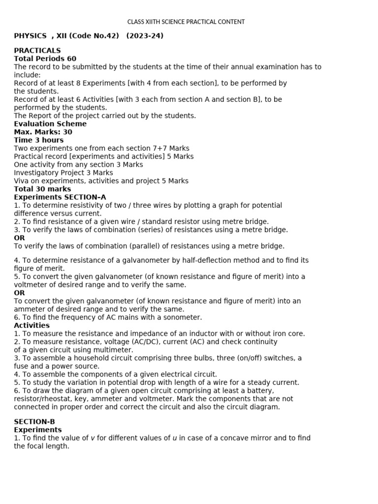 Class XII Physics Practical Guide 2023-24 | PDF | Electrical Network ...
