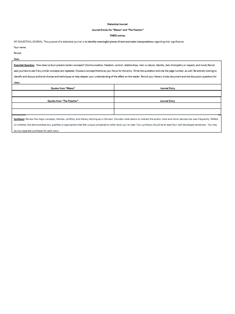 Dialectical Journal For Mazes and Poacher | PDF