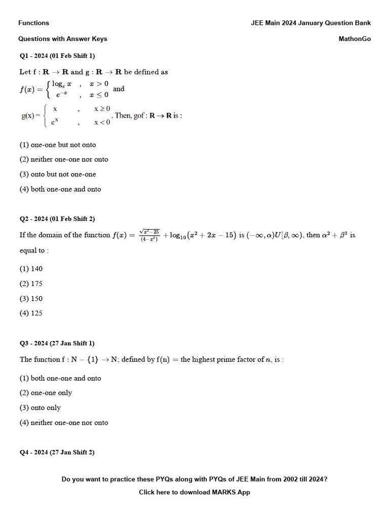 Functions - JEE Main 2024 January Question Bank - MathonGo | PDF