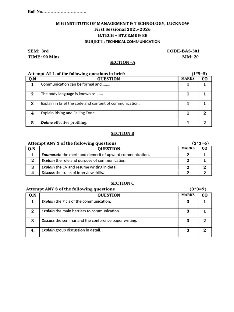 Technical Communication Sessional Exam | PDF