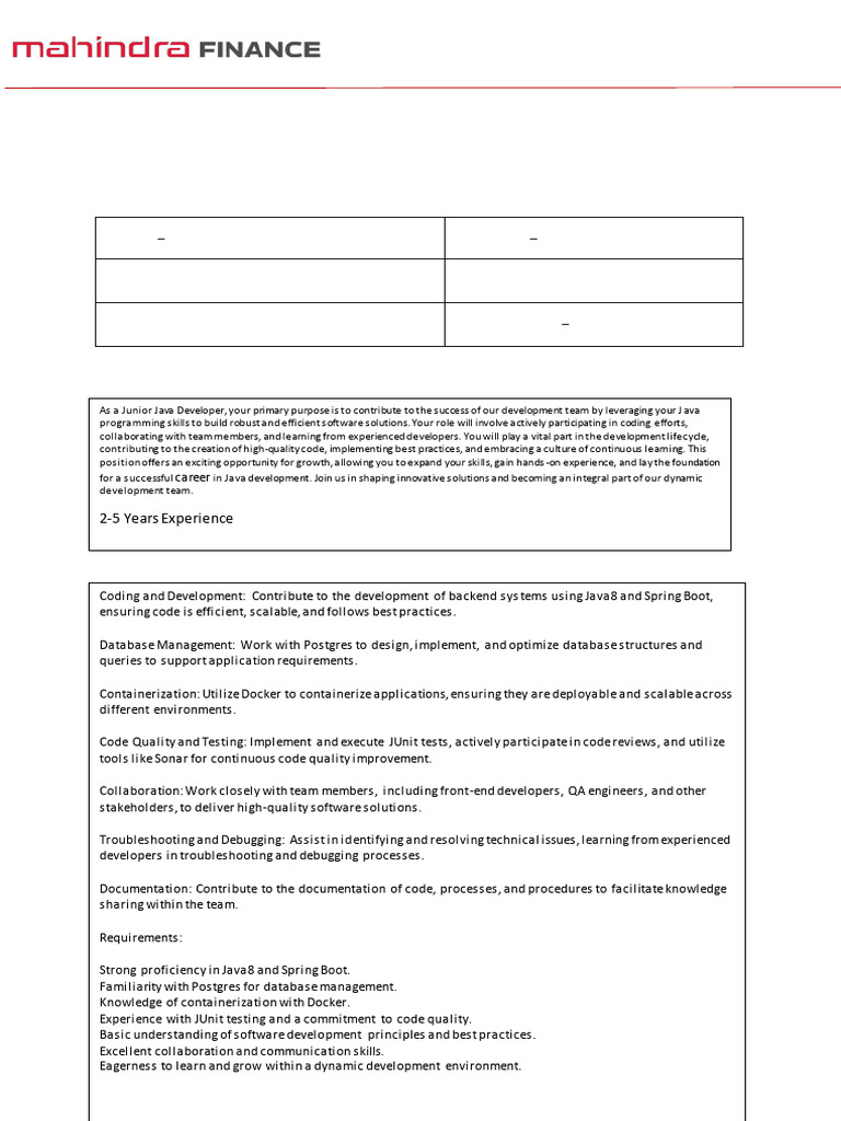 Junior Java Developer Job Description | PDF | Software Quality ...