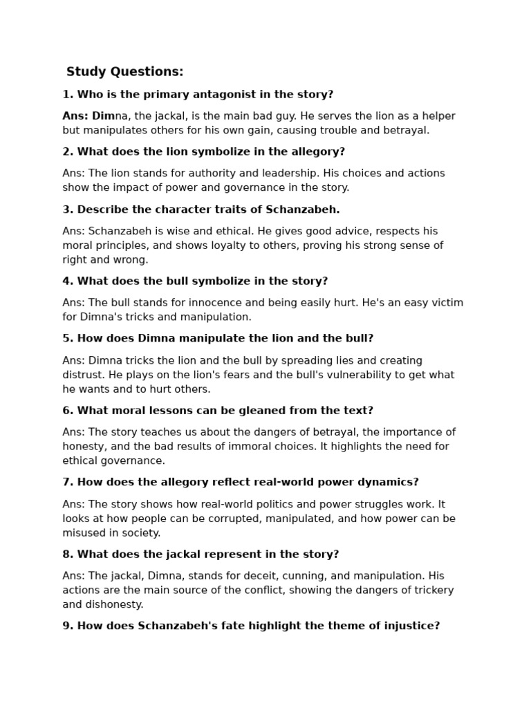Study Questions Fable | PDF | Morality | Leadership