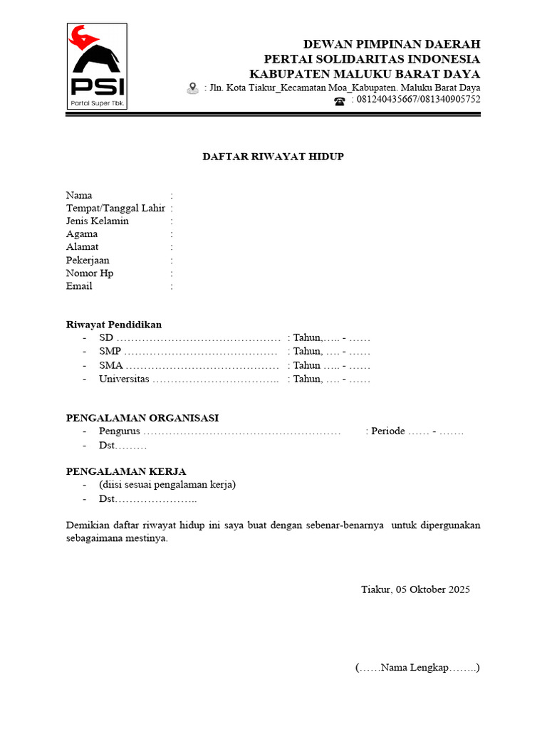 Daftar Riwayat Hidup PDI Maluku Barat Daya | PDF
