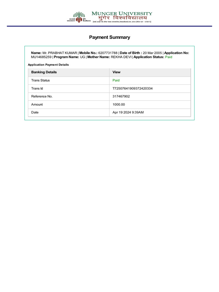 UG Application Payment Summary | PDF