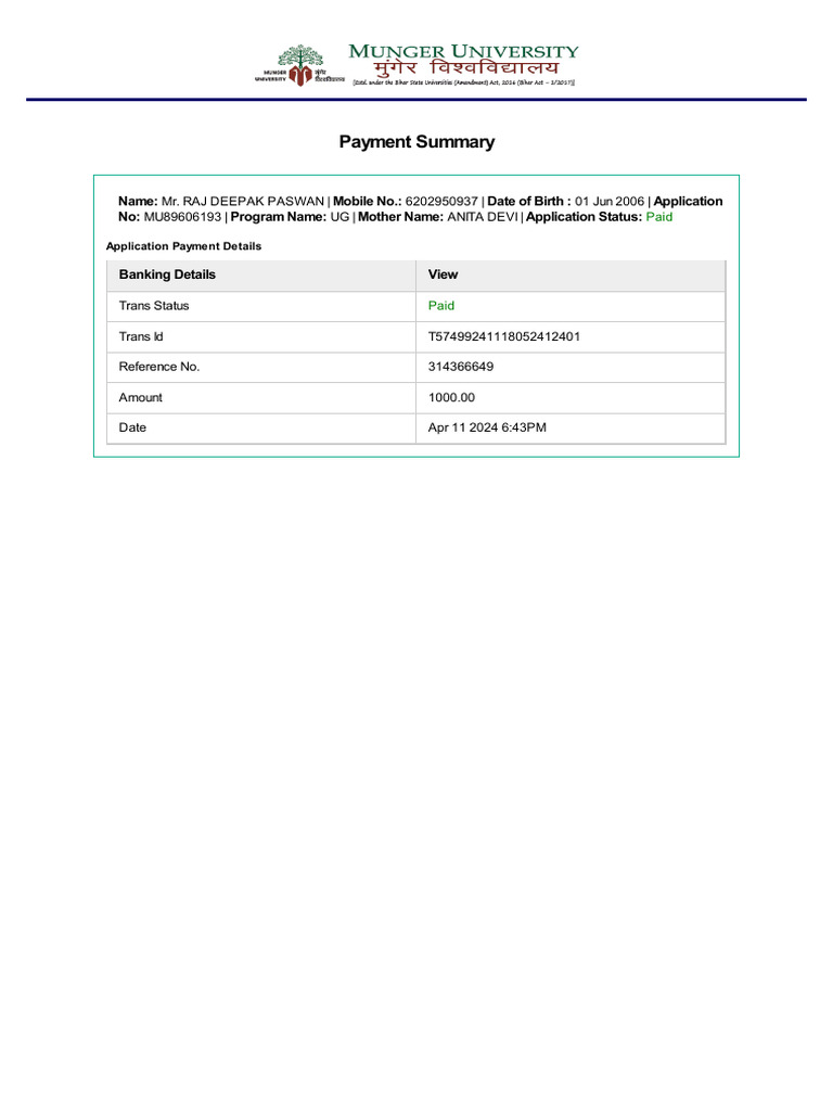 Payment Summary for UG Application | PDF