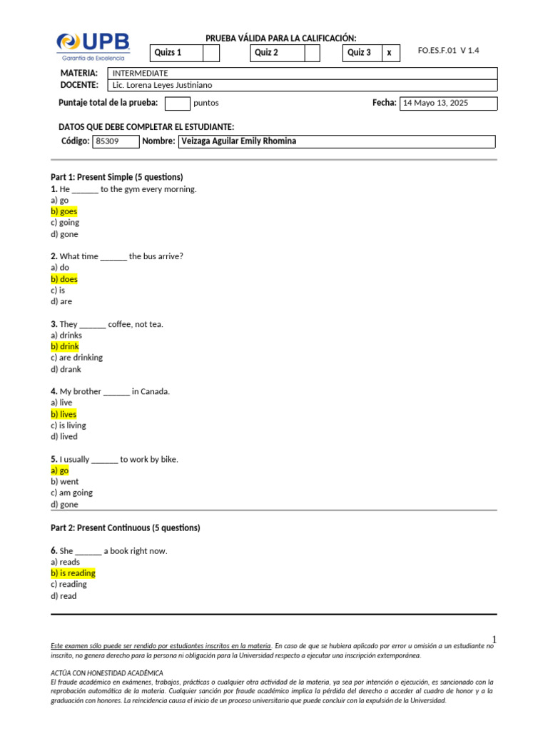 Examen de Inglés Intermedio 2025 | PDF