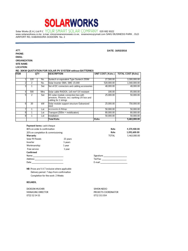 30KW Solar PV System Quotation | PDF | Photovoltaic System | Energy ...
