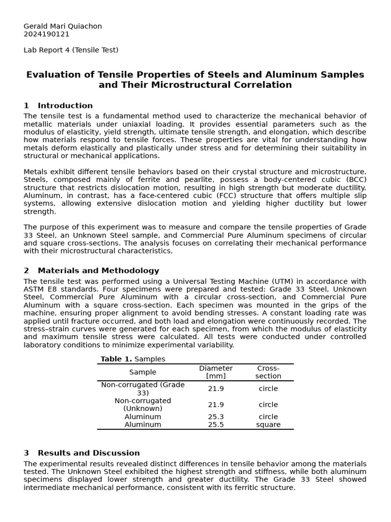 QUIACHON Lab Report 4 Tensile | PDF | Strength Of Materials | Ductility