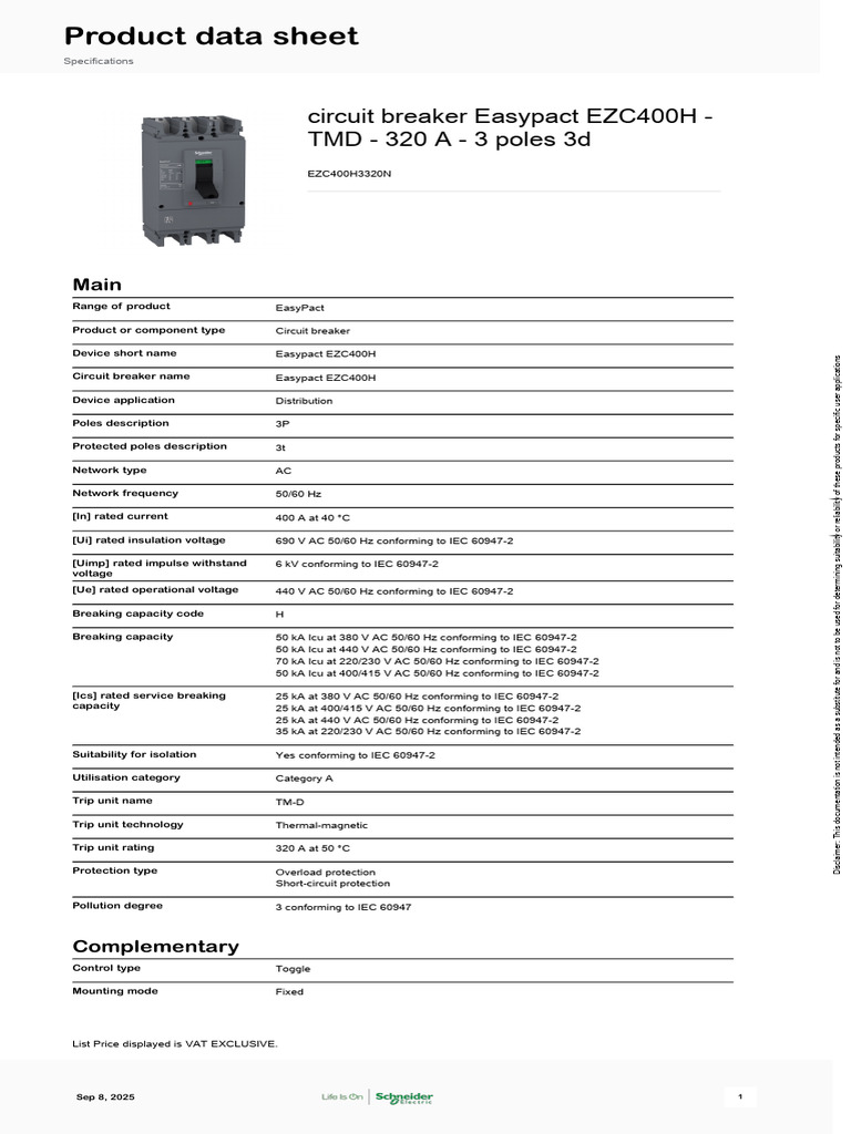 Schneider Electric EasyPact-EZC EZC400H3320N | PDF | Alternating ...