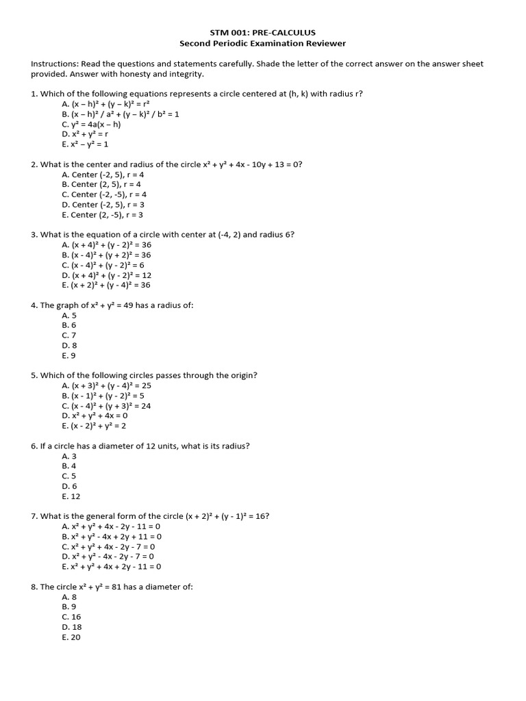 Pre-Calculus Circle and Parabola Exam Review | PDF | Ellipse ...