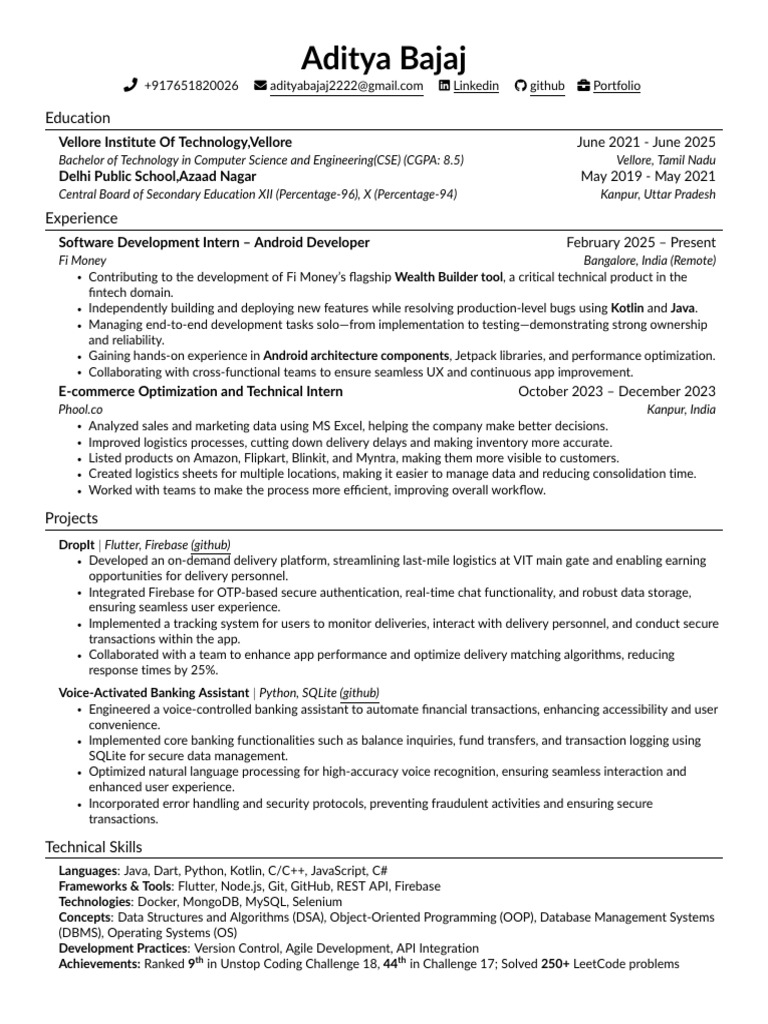 Aditya Bajaj: Software Developer Resume | PDF | Object Oriented ...