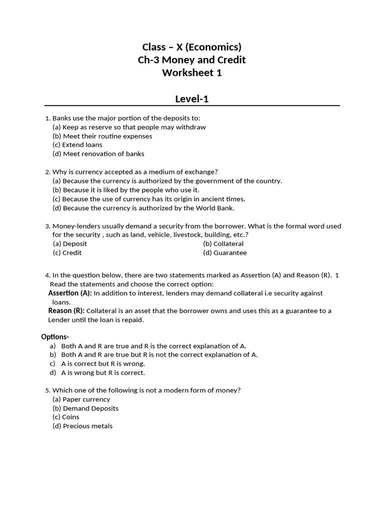 Class X Economics: Money and Credit Worksheet | PDF | Money | Loans