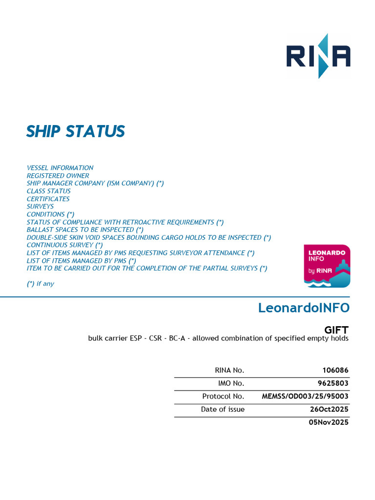 Ship Status Report for GIFT Vessel | PDF | Tonnage | Engines