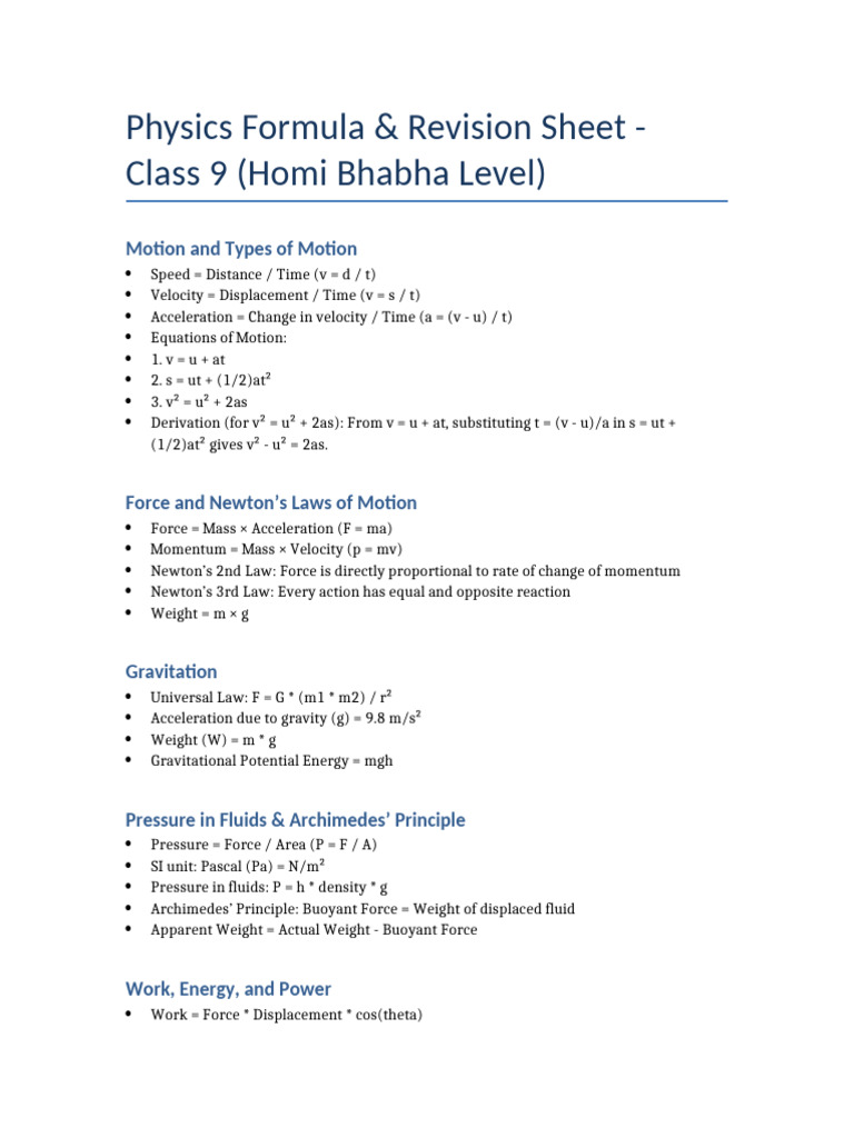 Class 9 Physics Formulas & Concepts | PDF | Electromagnetic Induction ...