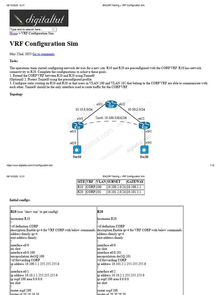 ENCOR Training VRF Configuration Sim | PDF | Ip Address | Router ...