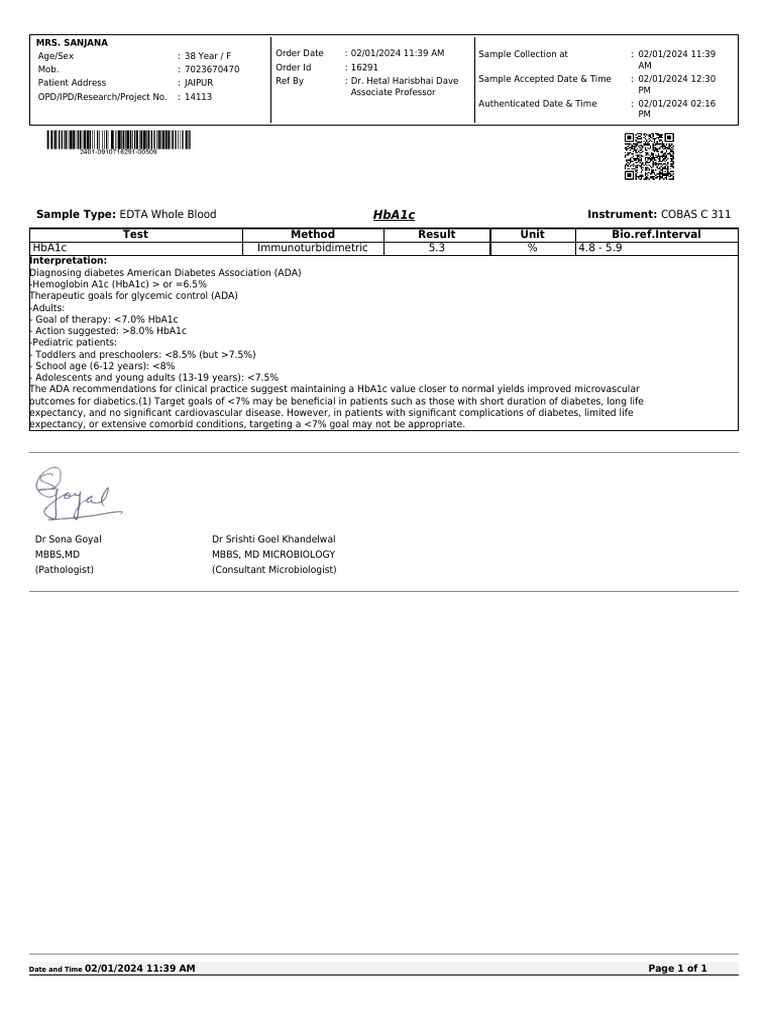 TMP Lab Report 716291 Test 85980 | PDF | Glycated Hemoglobin | Diabetes