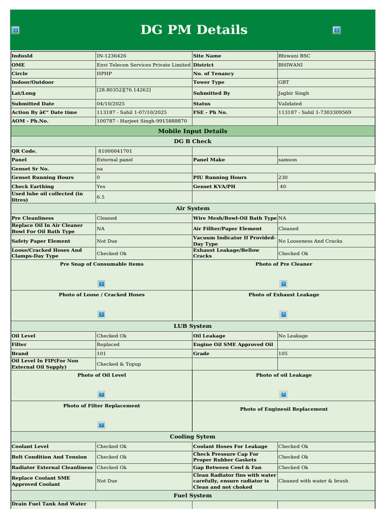 DG PM Report for Bhiwani BSC Site | PDF | Switch | Voltage