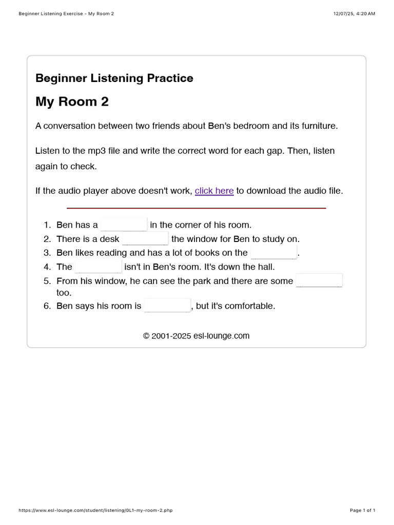 Beginner Listening Exercise: My Room | PDF