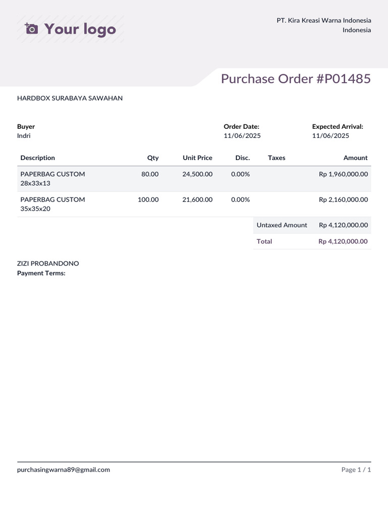 Purchase Order - p01485 Sawahan Paperbag Qty 80 Dan 100 Zizi Probandono ...