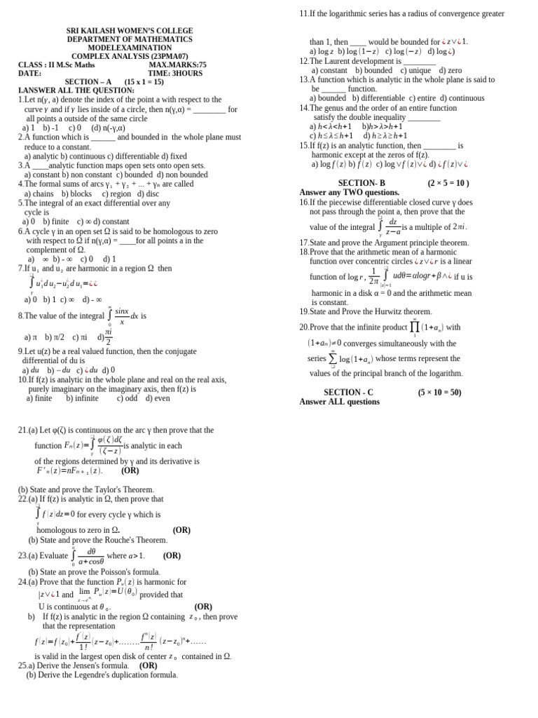 Complex Analysis Model Exam Questions | PDF | Logarithm | Function ...