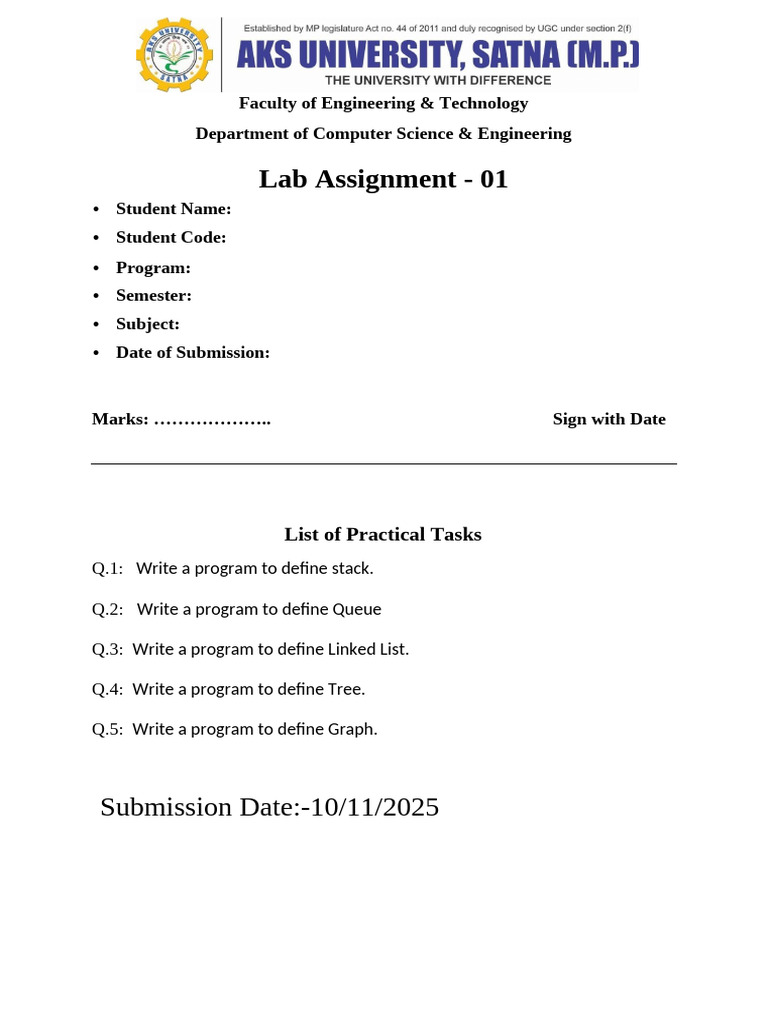 Lab Assignment - 01: Submission Date:-10/11/2025 | PDF