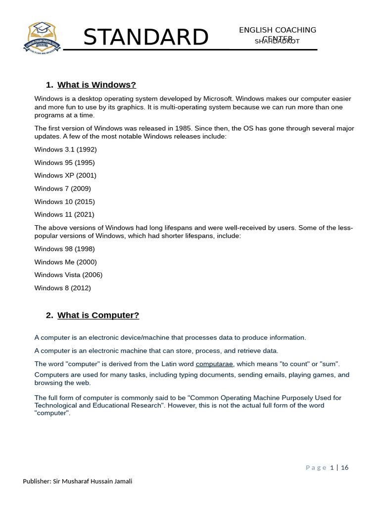 SIR Musharaf Hussain Jamali Computer Notes | PDF | Microsoft Windows ...