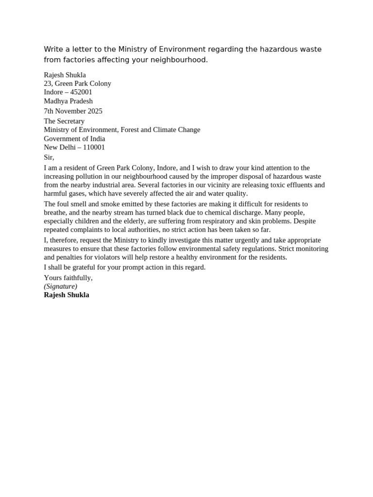 Letter to Ministry on Hazardous Waste Issues | PDF