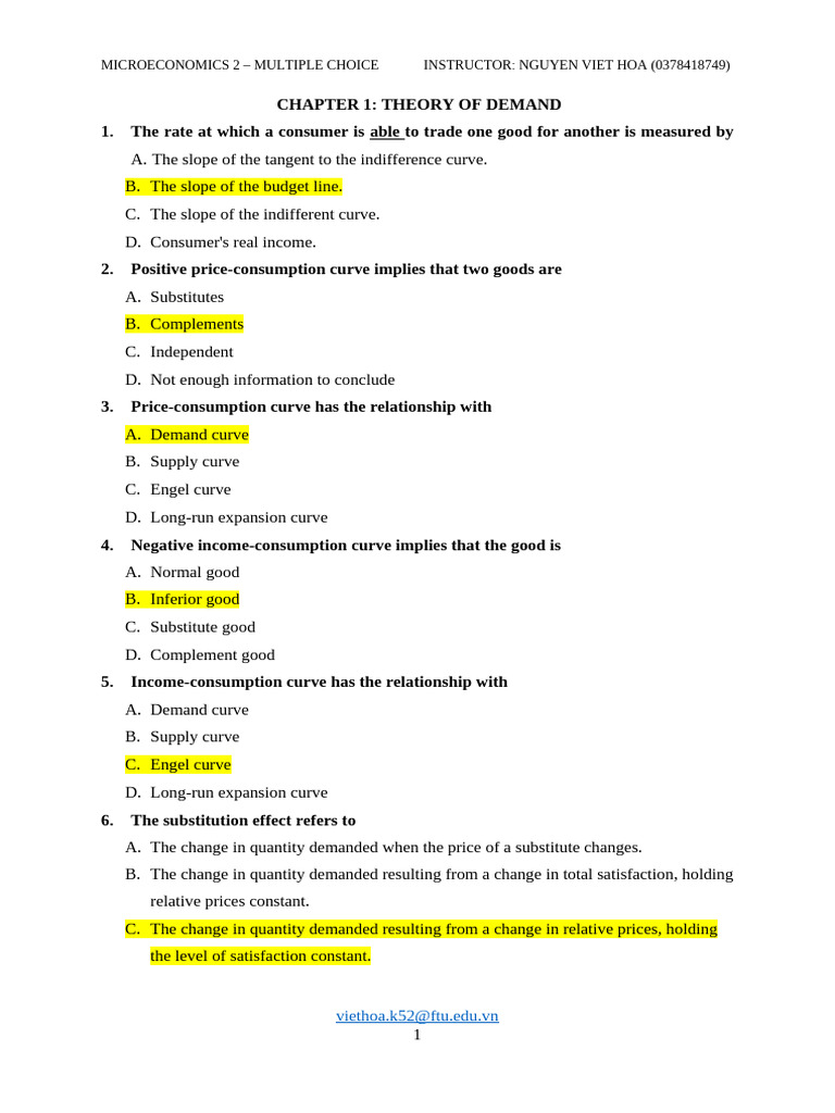 Microeconomics Demand Theory Quiz | PDF | Demand | Demand Curve