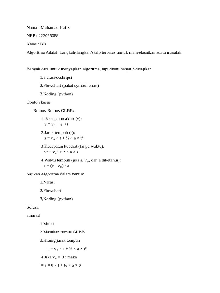 Algoritma GLBB: Narasi, Flowchart, Koding | PDF