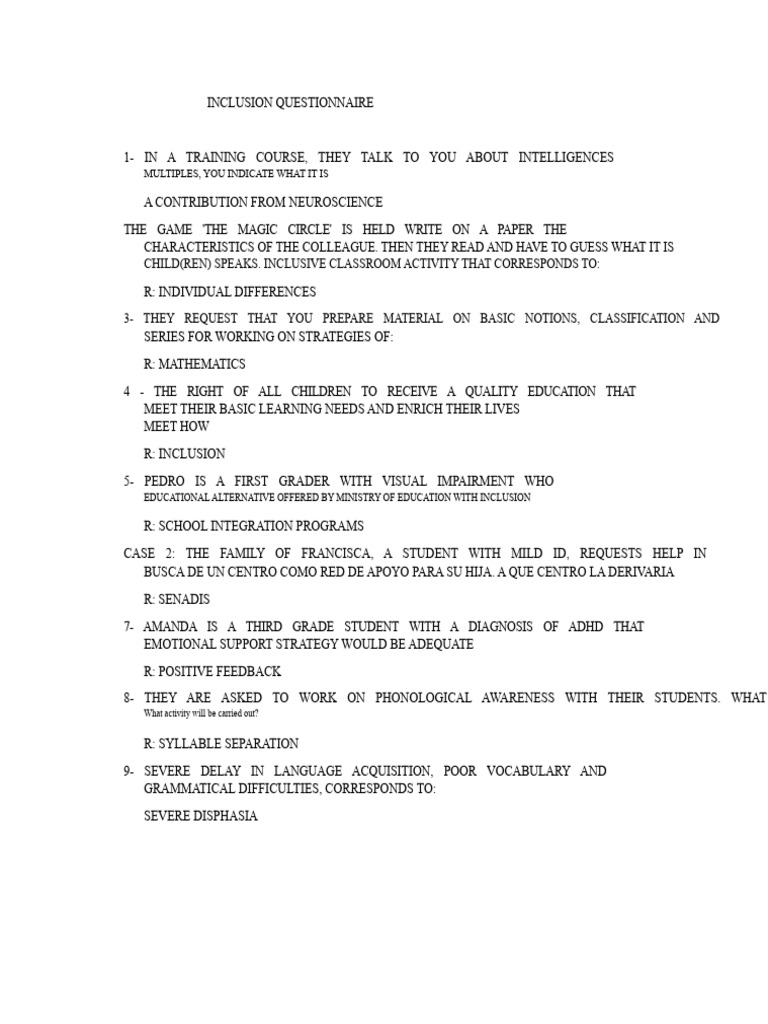 Inclusion Questionnaire | PDF | Attention Deficit Hyperactivity ...