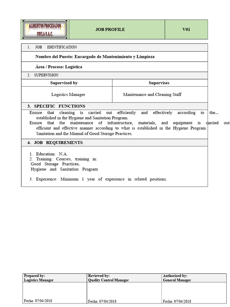 Job Profile - Maintenance and Cleaning Manager | PDF