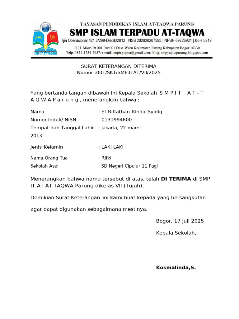 Surat Keterangan Diterima | PDF