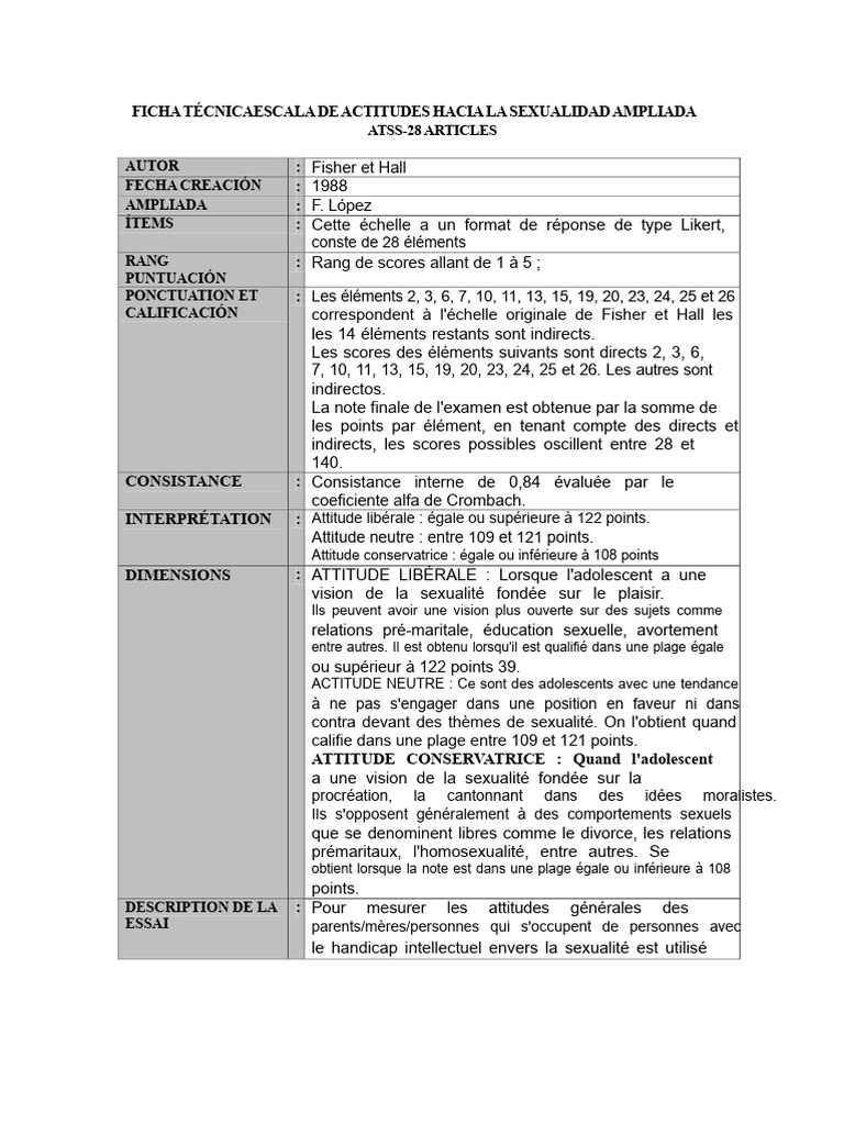 Échelle ATSS-28 : Attitudes sur la Sexualité | PDF | Sexualité humaine ...