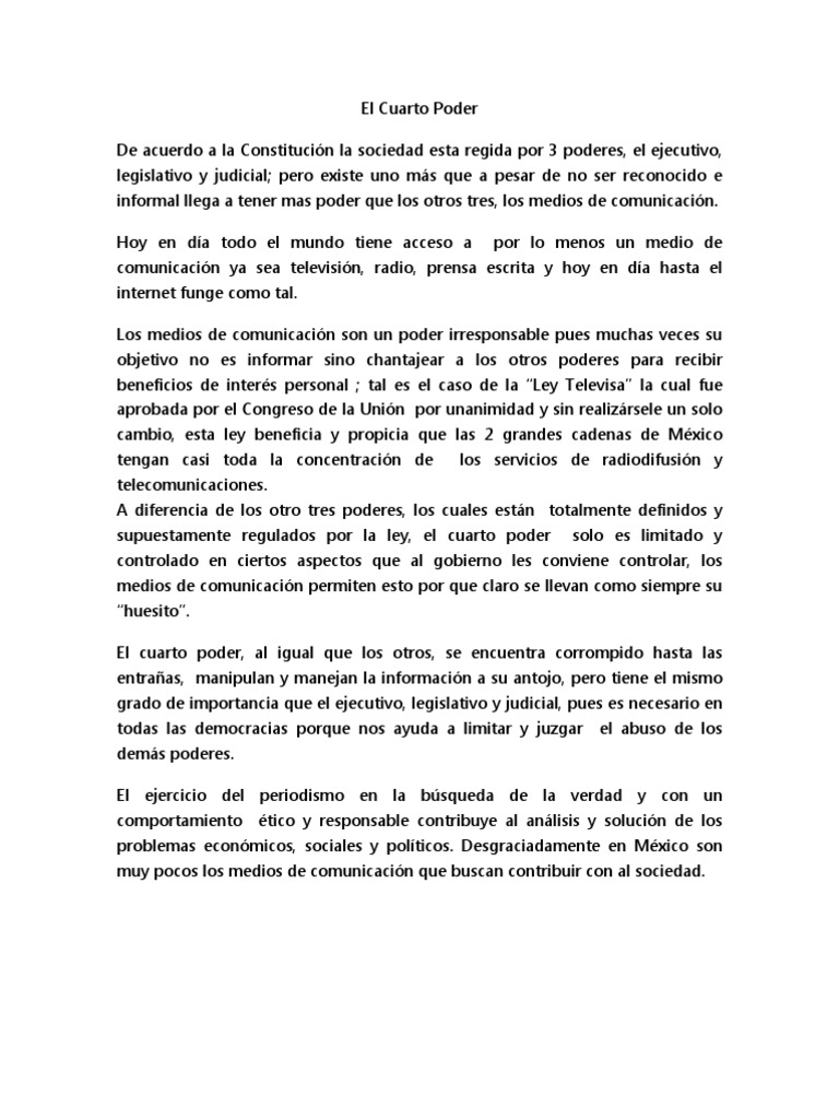 El Cuarto Poder Pdf Medios De Comunicación Periodismo