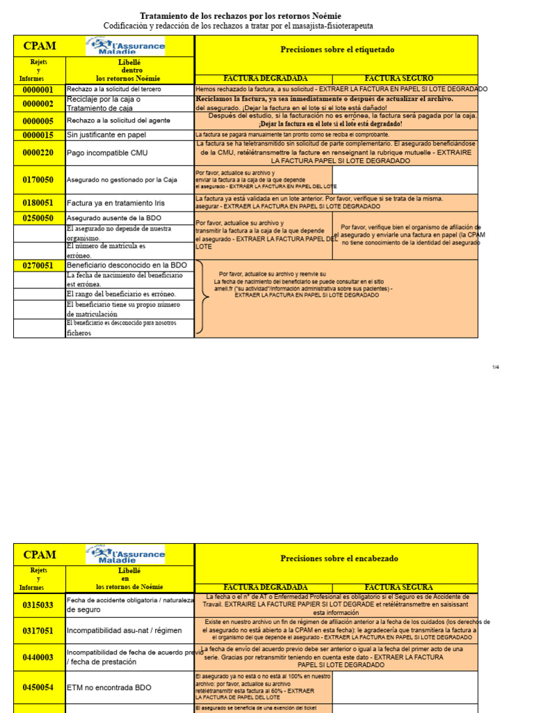CPAM Diccionario de Rechazos | PDF