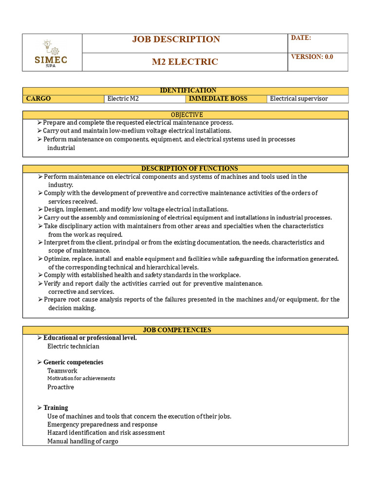 Job Description M2 Electric: Identification Cargo Immediate Boss | PDF ...