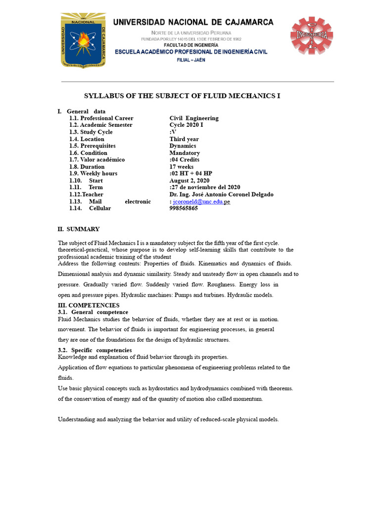 Fluid Mechanics I Syllabus for Civil Engineering | PDF | Fluid Dynamics ...