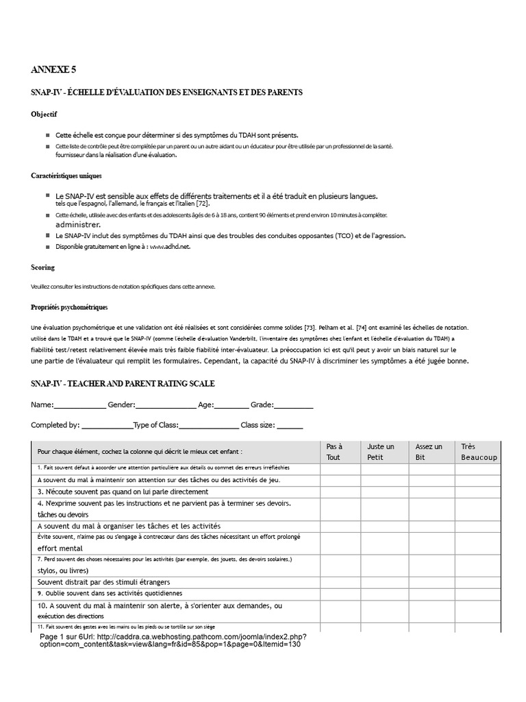 Échelle SNAP-IV pour évaluer le TDAH | PDF | Manuel diagnostique et ...