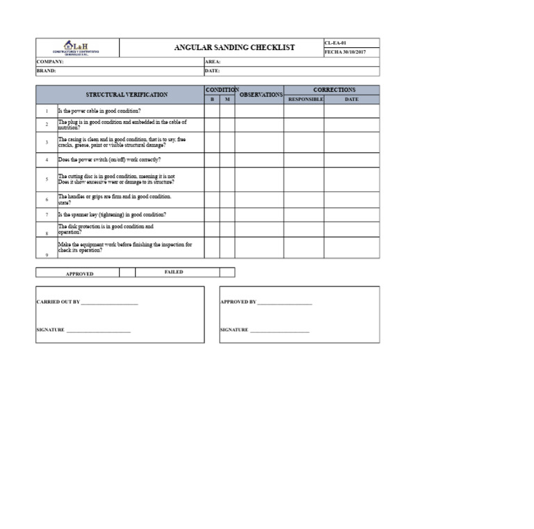 Angular Sanding Equipment Checklist | PDF