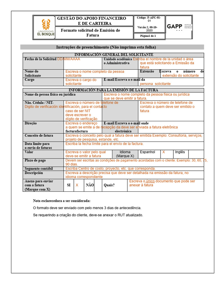Formato de Solicitação de Emissão de Fatura V.02 | PDF