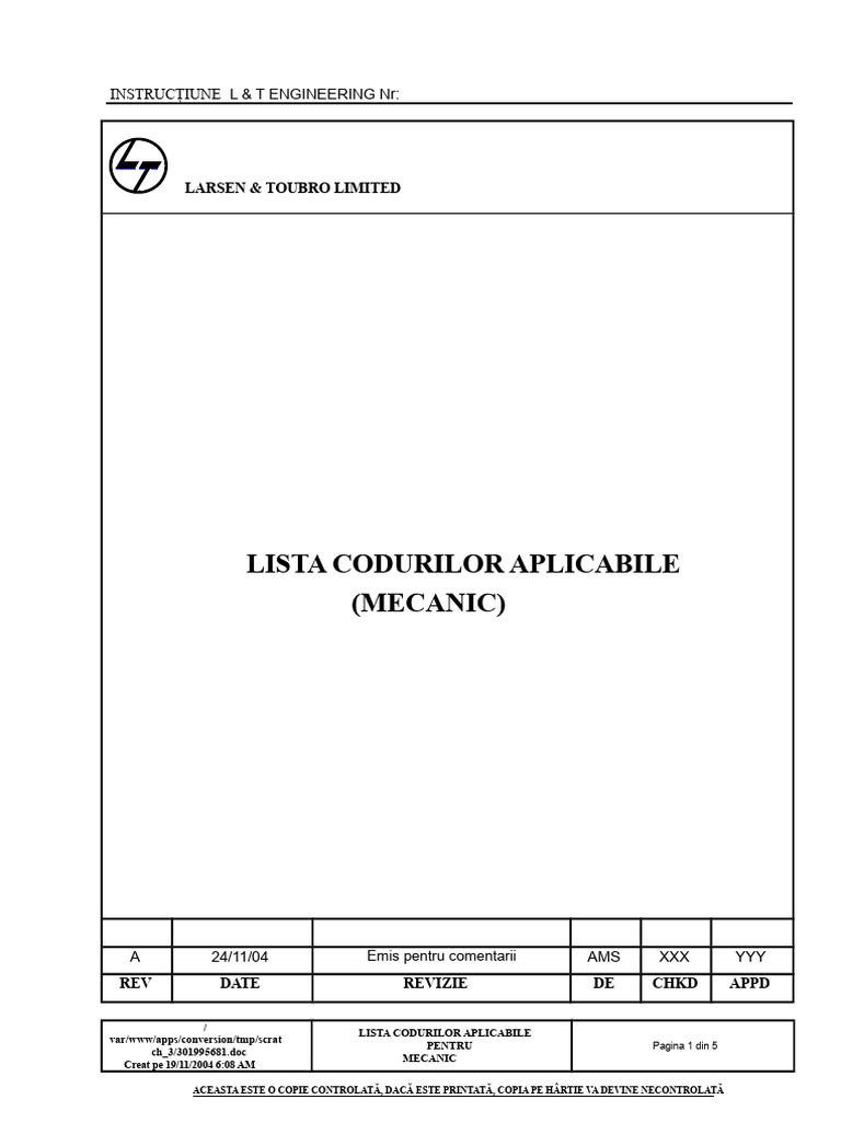 Lista Codurilor Și Standardelor - Mecanică | PDF