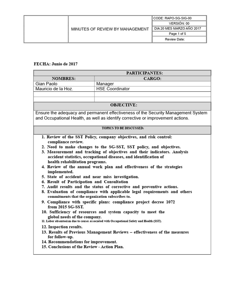 Management Review Minutes: SST Compliance | PDF | Risk | Occupational ...