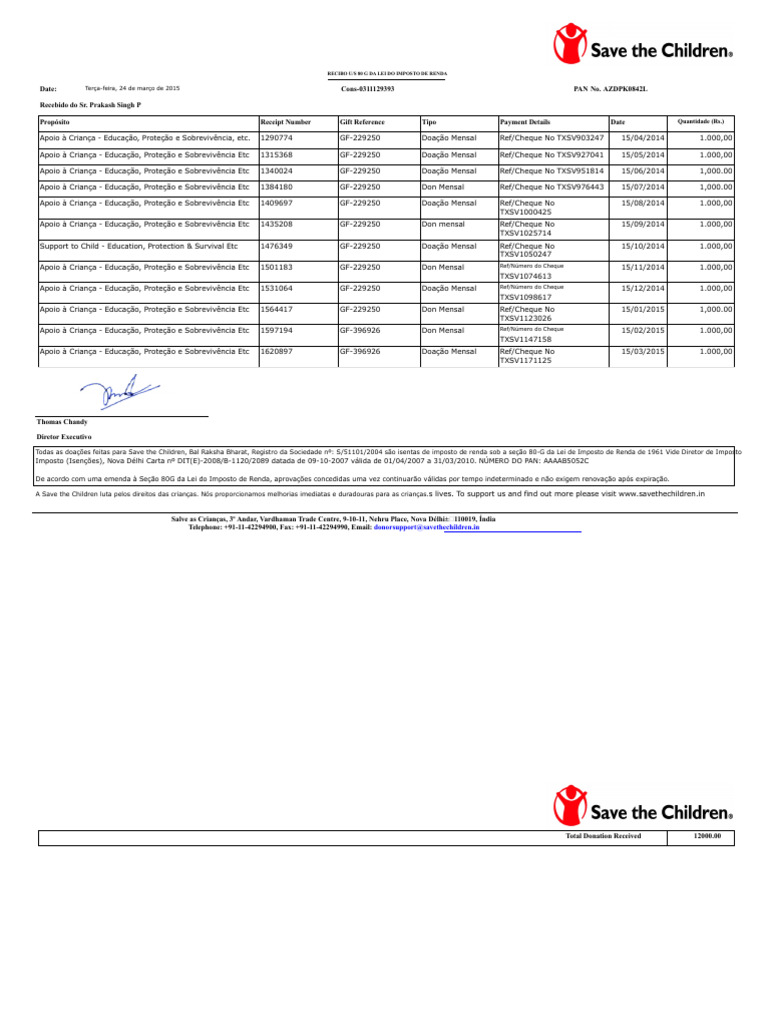 Recibo de Doação Isenta de Imposto | PDF