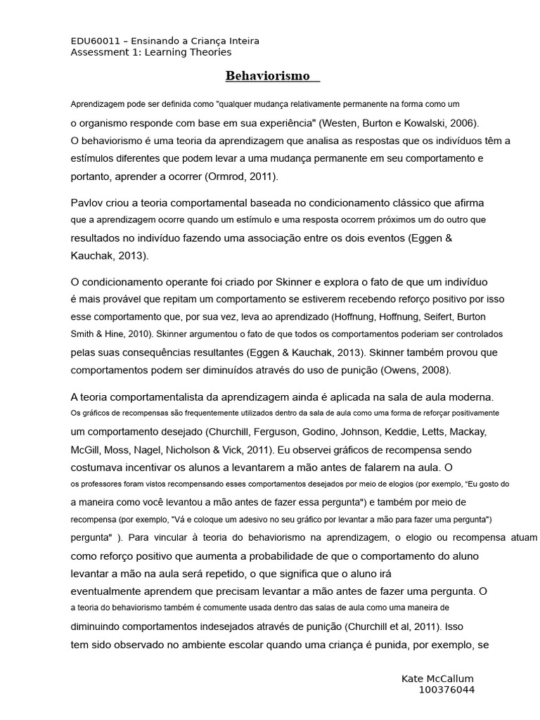 Teorias da Aprendizagem: Behaviorismo e Cognitivismo | PDF ...