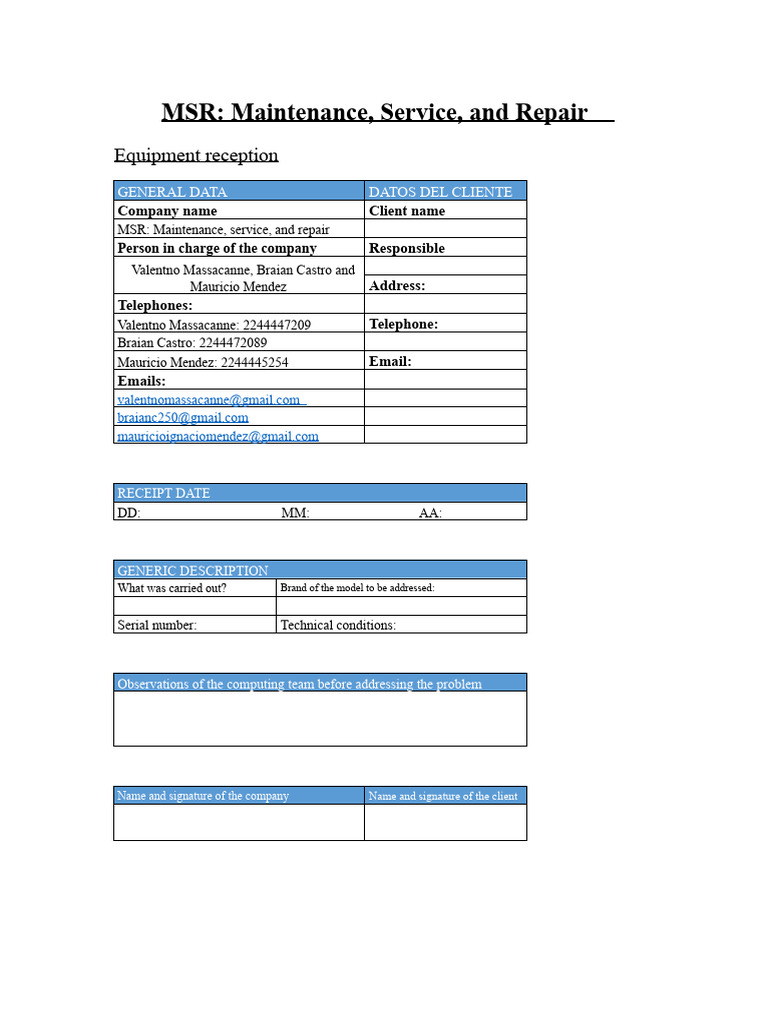 Equipment Reception and Control Form | PDF