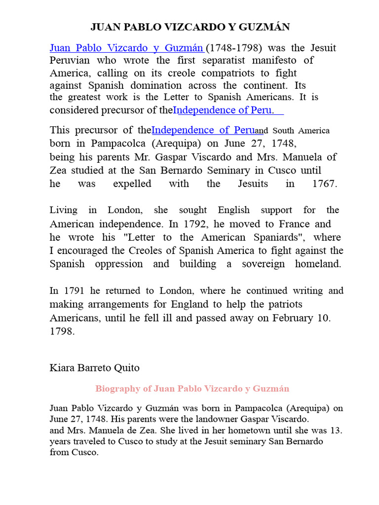 Juan Pablo Vizcardo y Guzmán: Patriot | PDF | Peru | Former Spanish