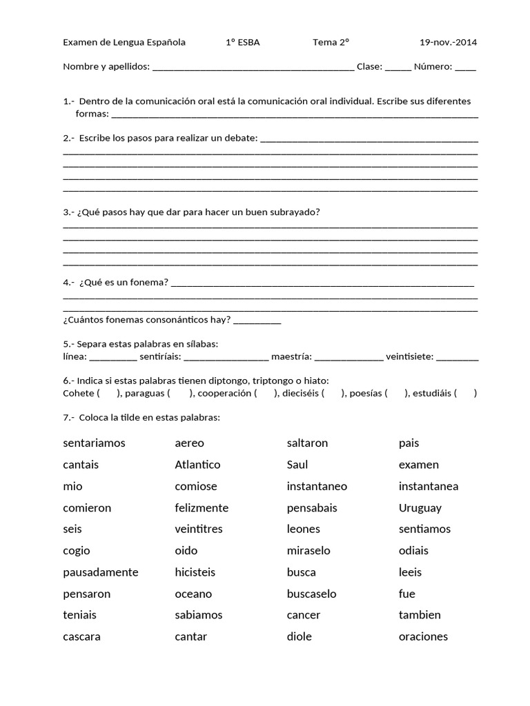 Examen de Lengua Española 1º ESBA | PDF | Fonética | Voz humana