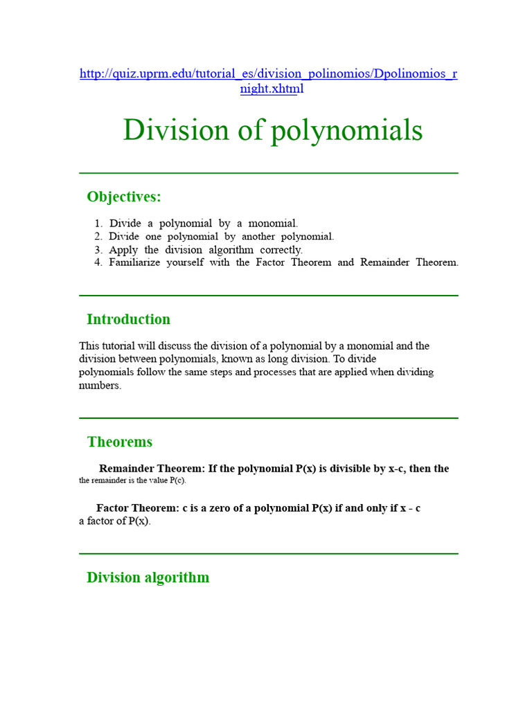 Polynomial Division Tutorial Guide | PDF | Division (Mathematics) | Algebra