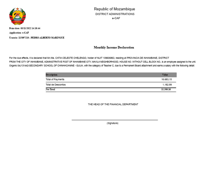 Republic of Mozambique: Monthly Income Declaration | PDF