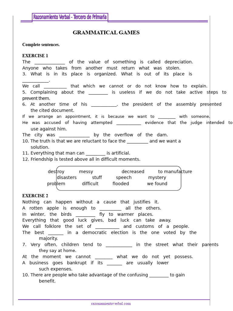 Grammatical Exercises for Sentence Completion | PDF